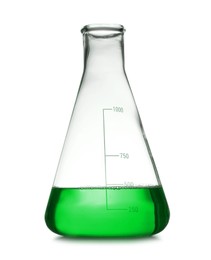 Image of Conical flask with green liquid isolated on white. Laboratory glassware