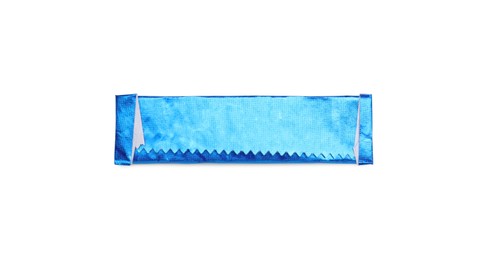 Photo of Stick of tasty chewing gum wrapped in foil isolated on white, top view