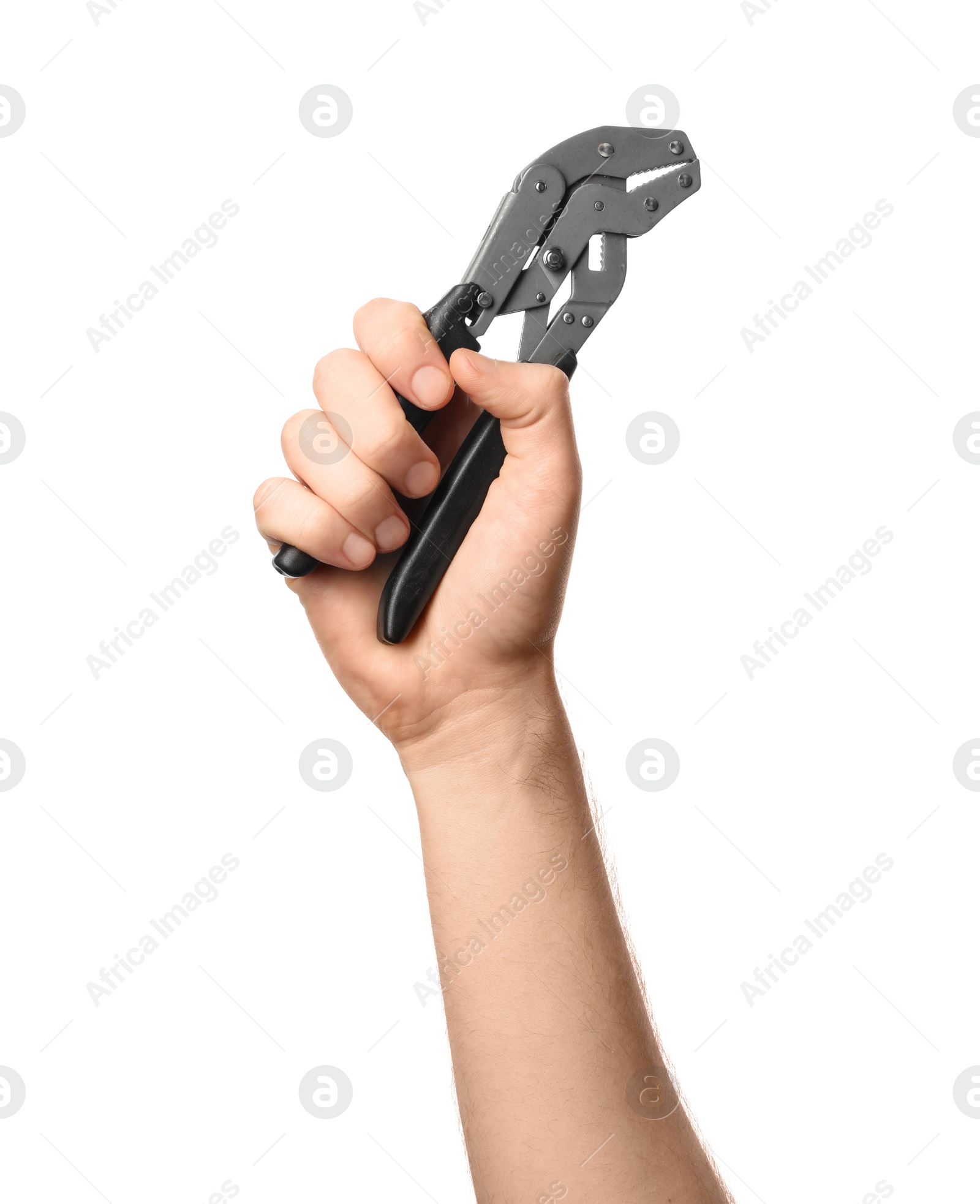 Photo of Man holding adjustable pliers isolated on white, closeup