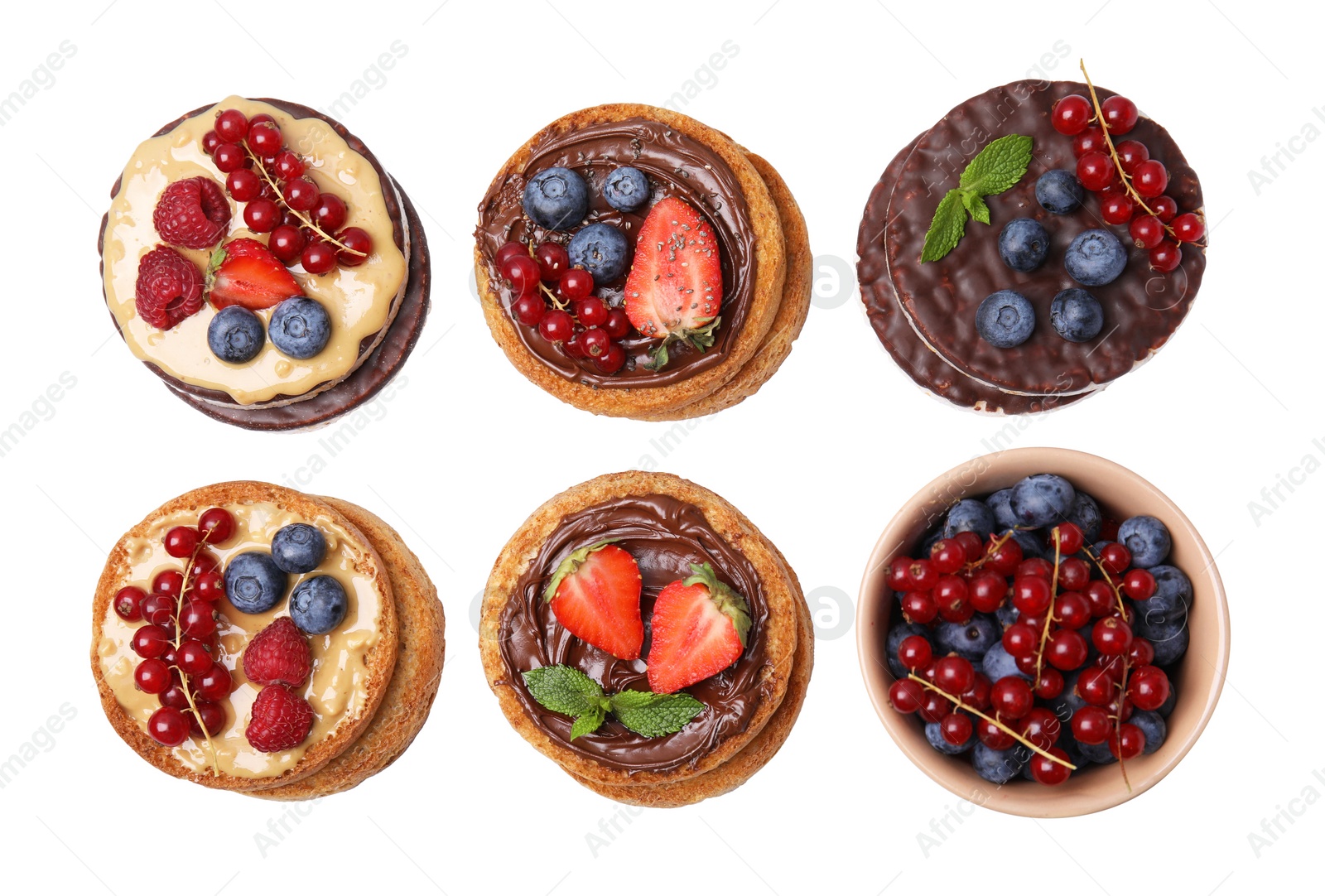 Photo of Tasty organic rusks and rice cakes with different toppings on light grey table, flat lay