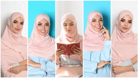 Image of Collage with photos of young Muslim woman on different color backgrounds. Banner design  