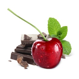 Image of Fresh cherry and pieces of dark chocolate isolated on white