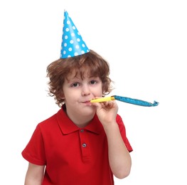 Photo of Cute little boy in party hat with blower on white background