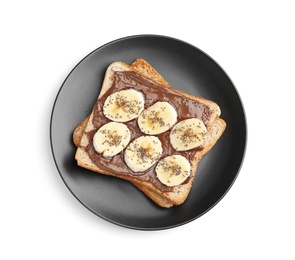 Slice of bread with chocolate paste and banana on white background, top view