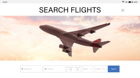 Online flight booking website interface with information