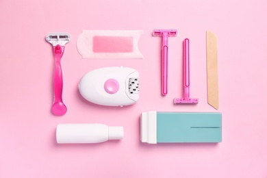 Photo of Set for epilation on color background, flat lay