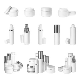 Set of luxury cosmetic products on white background