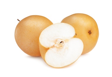 Photo of Cut and whole fresh apple pears on white background