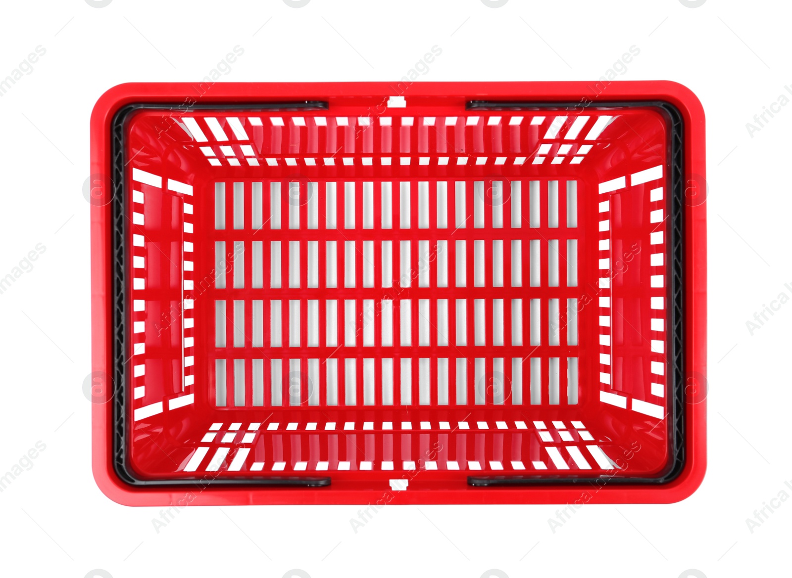 Photo of Plastic shopping basket on white background, top view