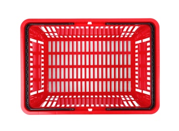 Photo of Plastic shopping basket on white background, top view