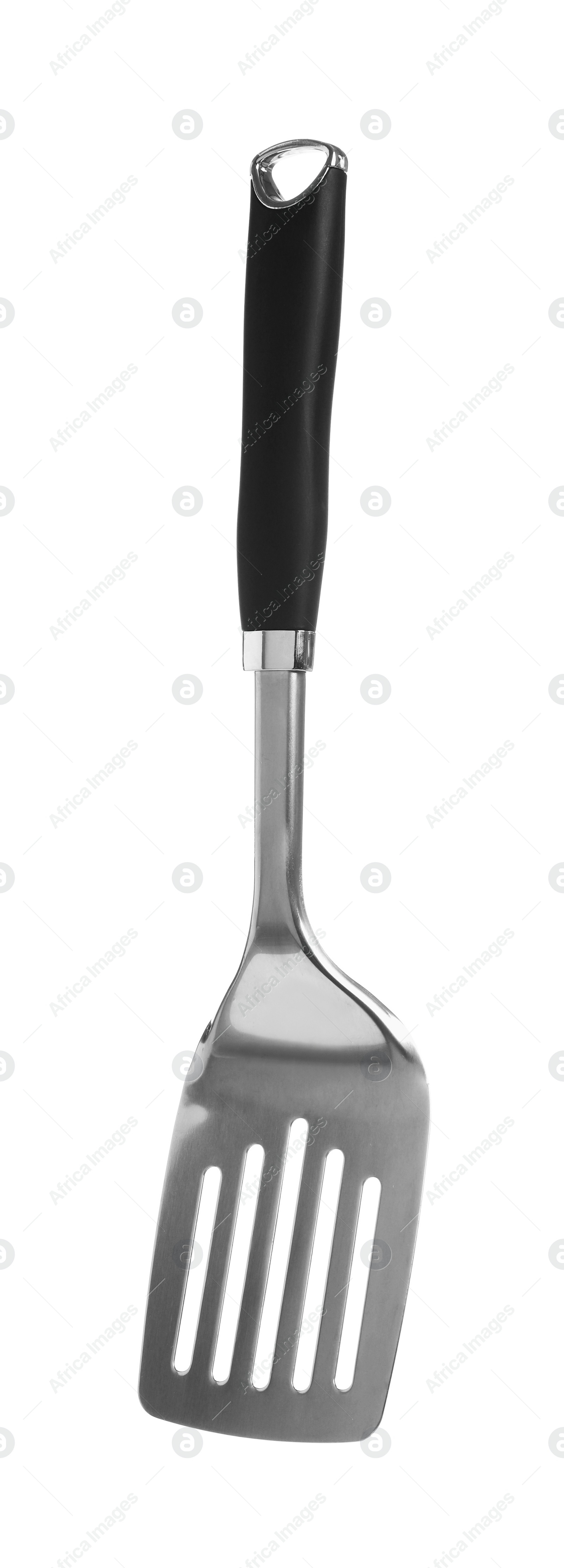 Photo of One metal spatula with black handle isolated on white