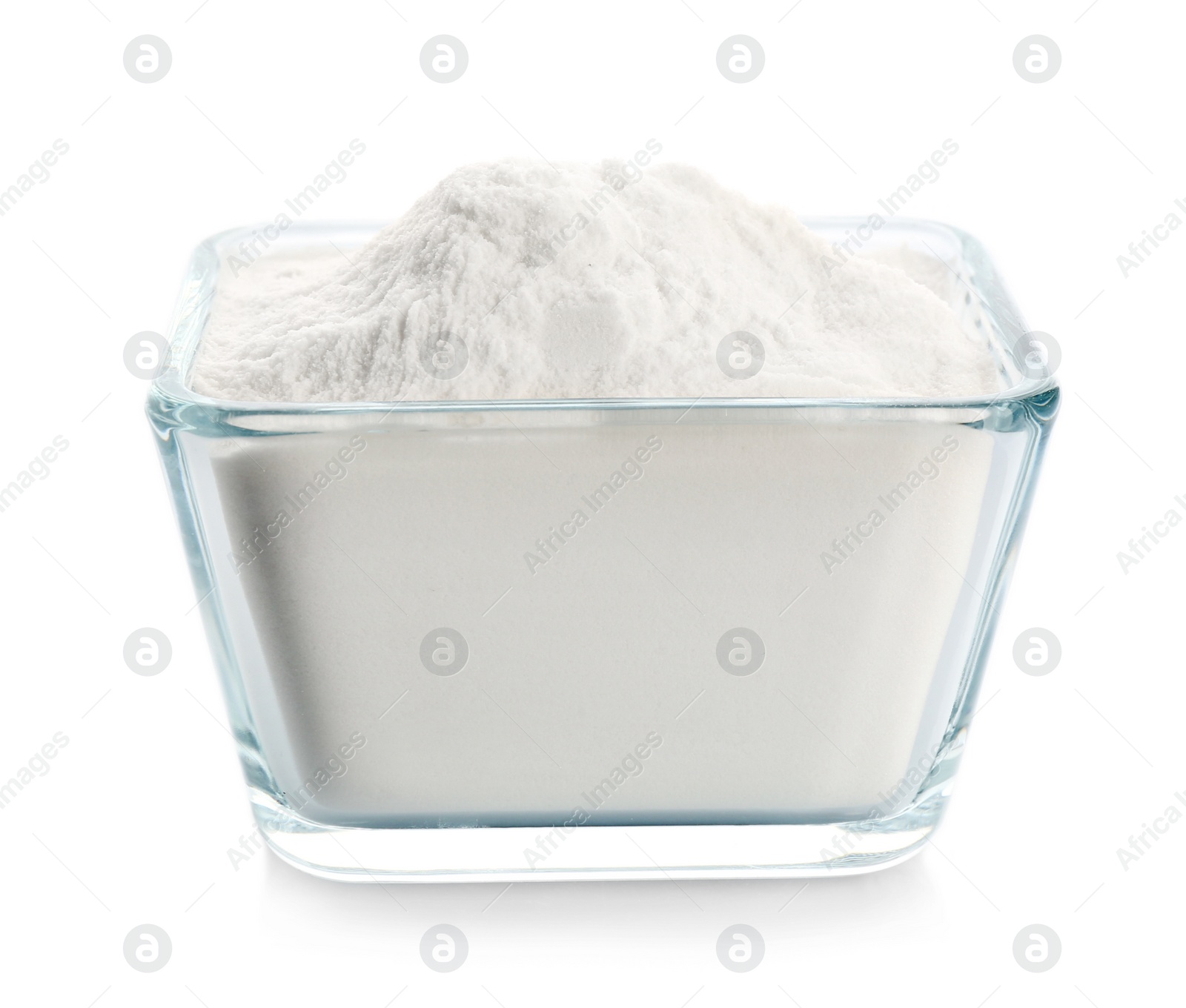 Photo of Bowl with baking soda on white background