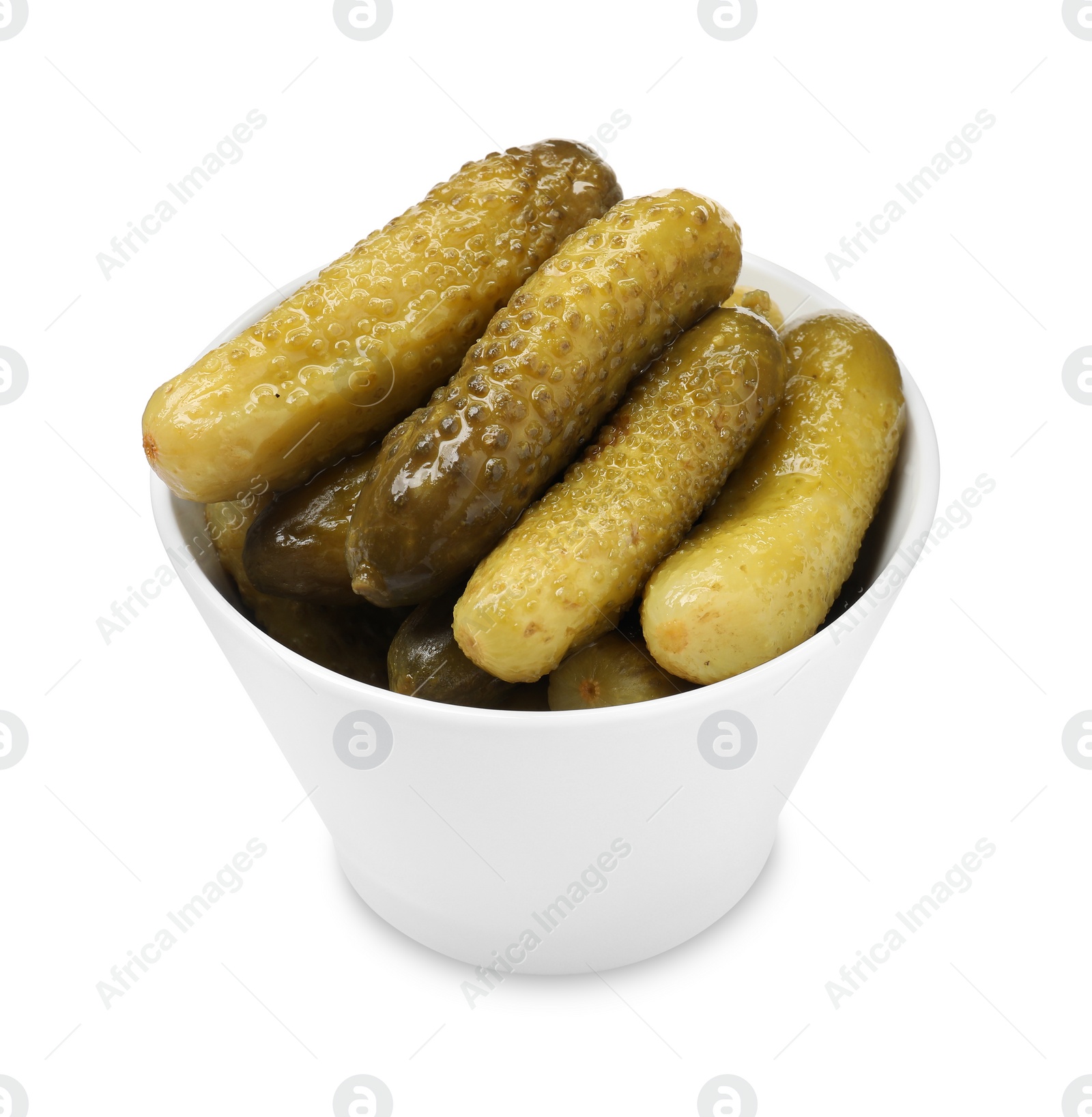 Photo of Tasty pickled cucumbers in bowl isolated on white