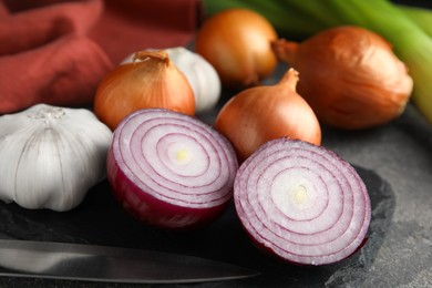 Photo of Fresh whole and cut onions, leek, garlic on grey table, closeup