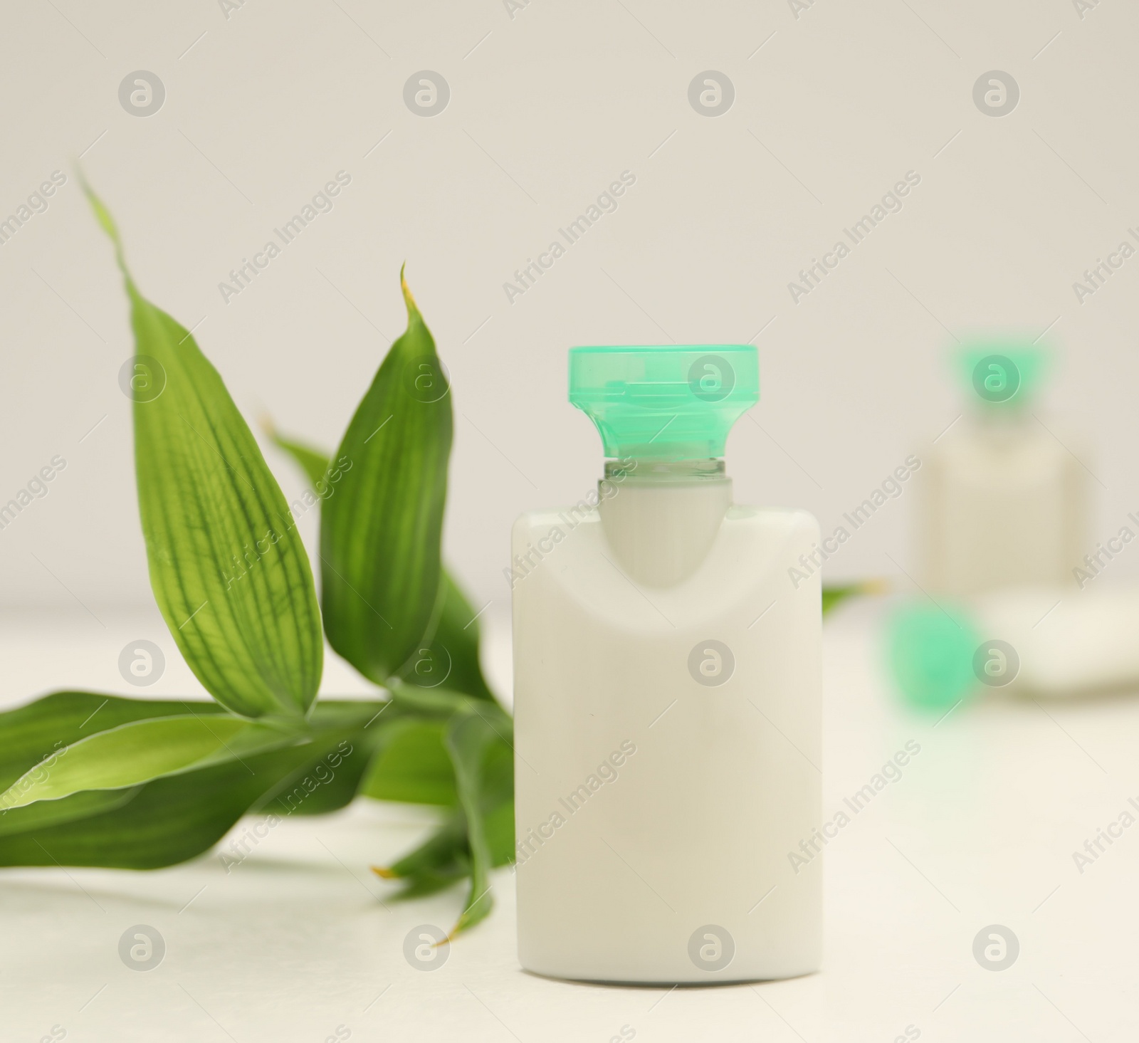 Photo of Mini bottle of cosmetic product and green branch on light background