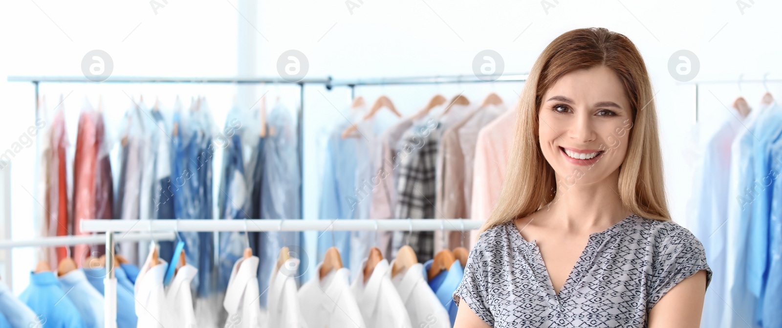 Image of Portrait of woman at workplace, banner design. Dry-cleaning service