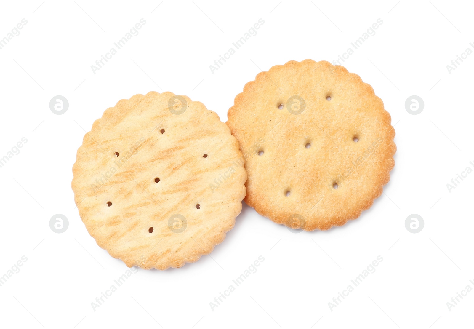 Photo of Two crispy crackers isolated on white, top view. Delicious snack