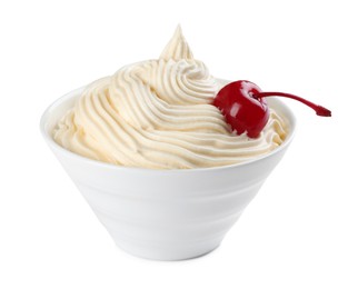Photo of Delicious fresh whipped cream and cherry isolated on white