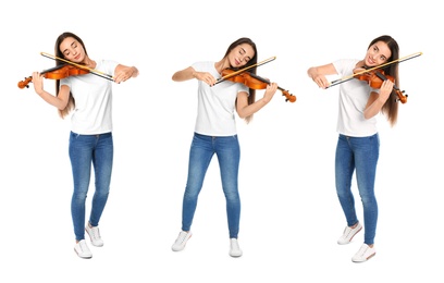 Collage with photos of beautiful woman playing violin on white background