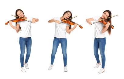 Image of Collage with photos of beautiful woman playing violin on white background