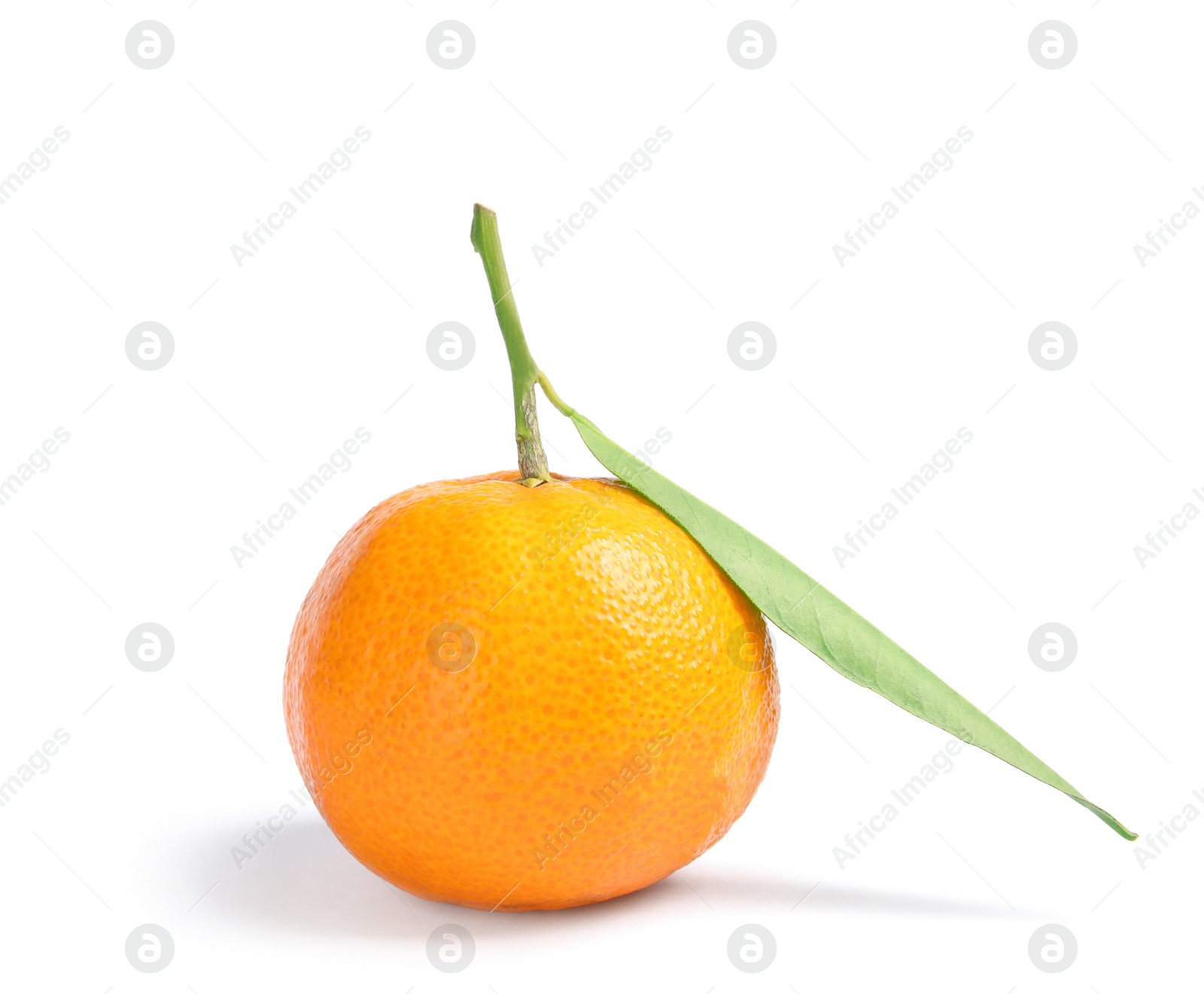 Photo of Tasty ripe tangerine with leaf on white background