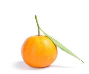 Photo of Tasty ripe tangerine with leaf on white background