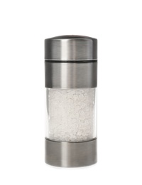 Shaker with natural salt isolated on white