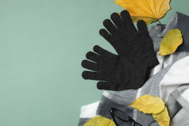 Stylish black woolen gloves, scarf and dry leaves on green background, flat lay. Space for text