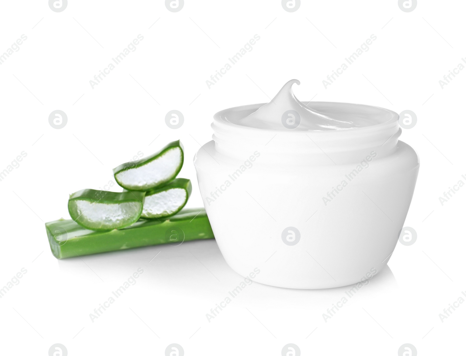 Photo of Aloe cream and sliced leaves on white background