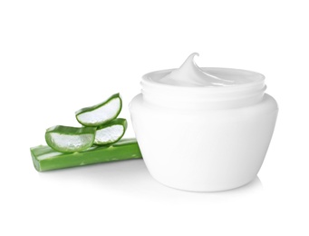 Photo of Aloe cream and sliced leaves on white background