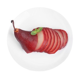 Photo of Tasty red wine poached pear isolated on white, top view