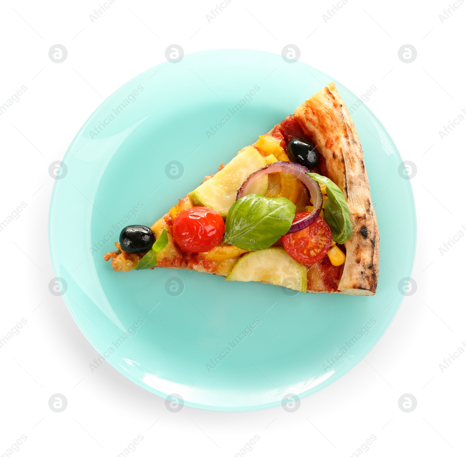 Photo of Slice of tasty vegetable pizza isolated on white, top view