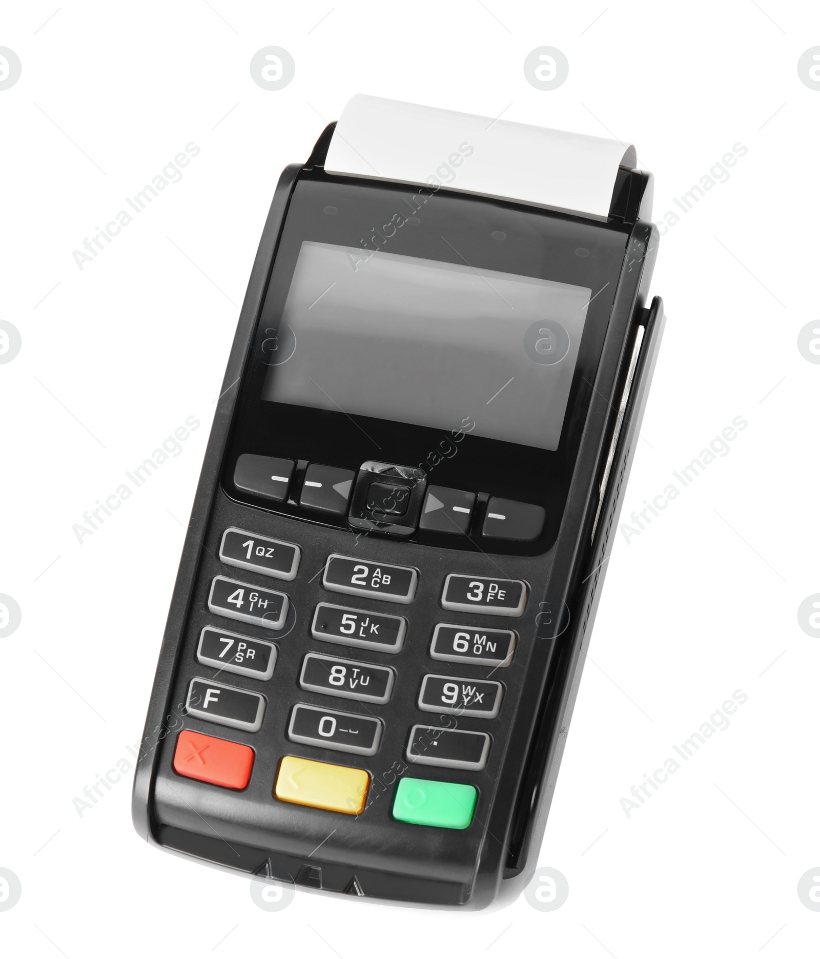 Photo of Modern payment terminal on white background, top view