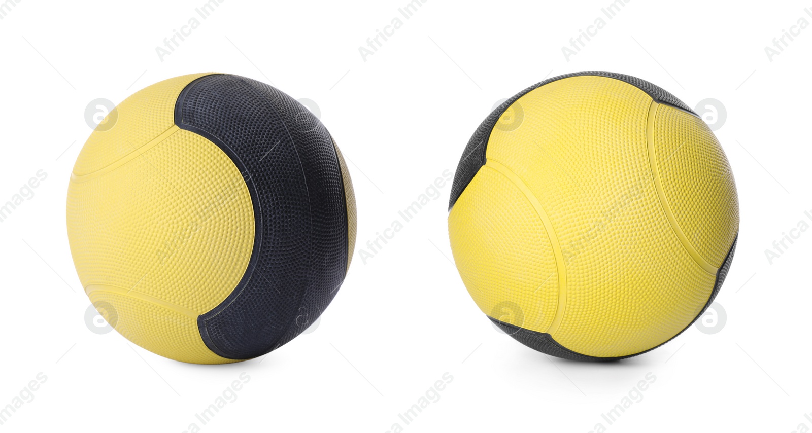 Image of Medicine balls on white background, collage. Banner design