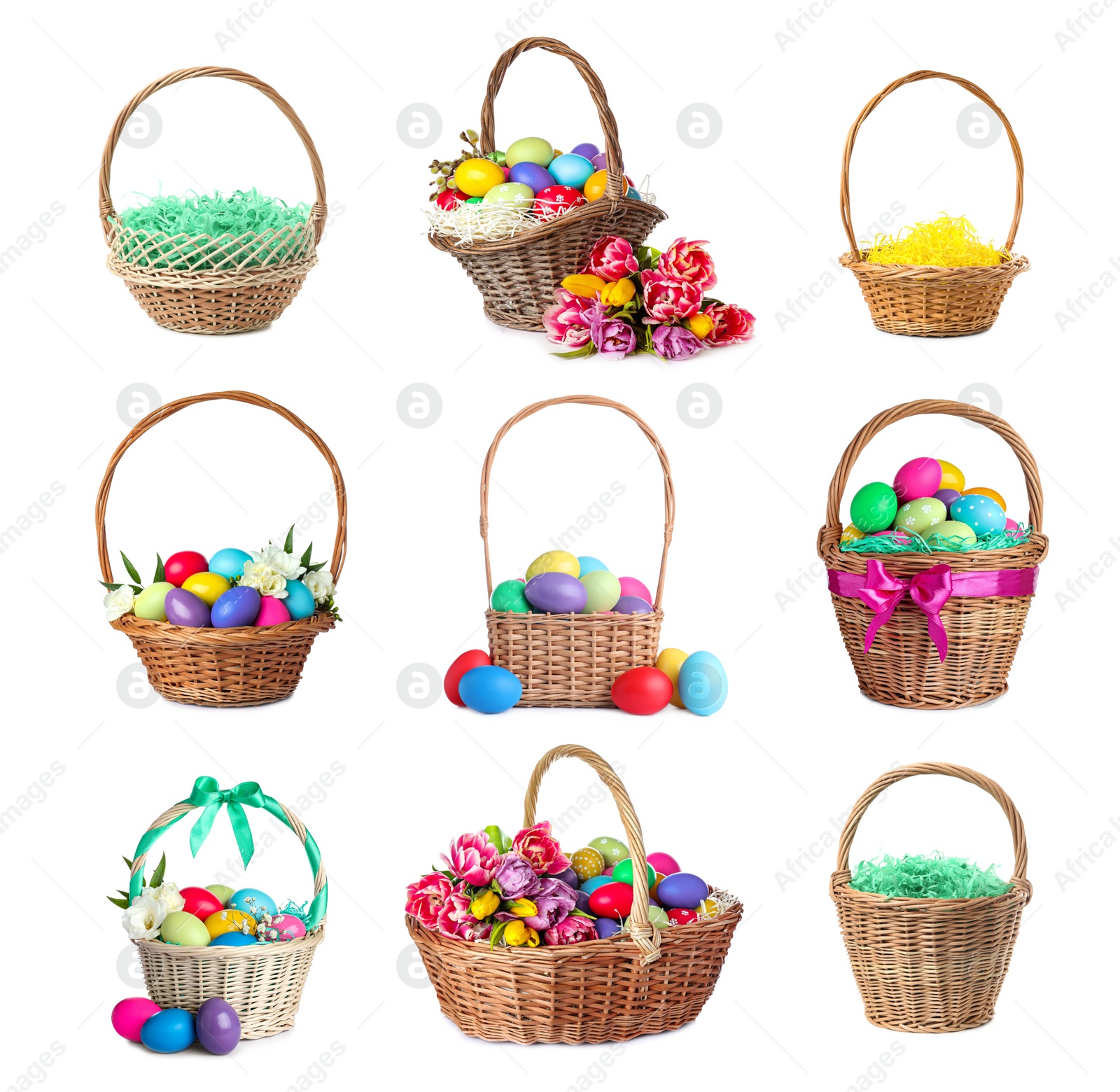 Image of Set with wicker baskets on white background. Easter item
