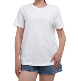 Photo of Woman in stylish t-shirt on white background, closeup