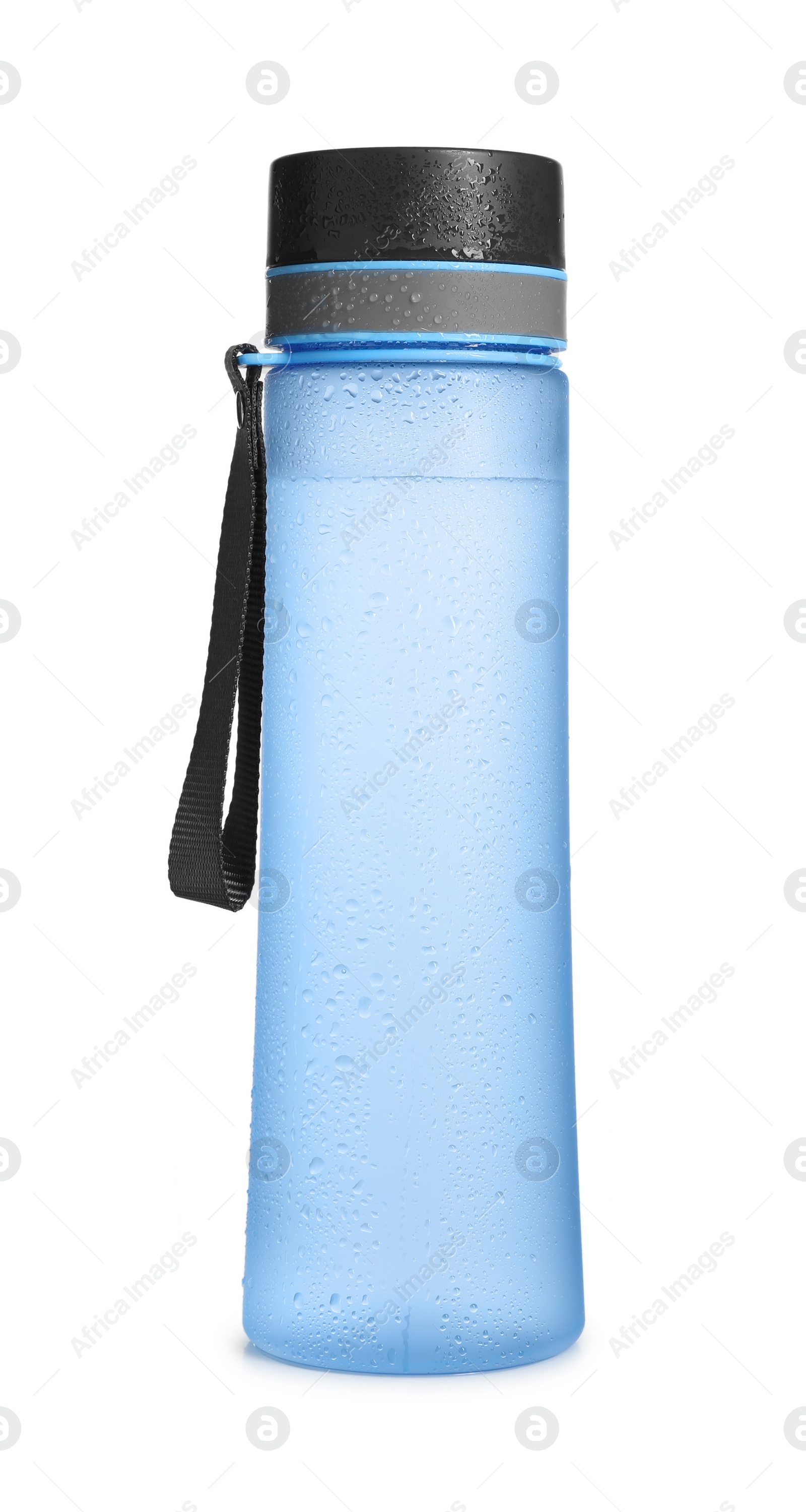 Photo of Stylish closed light blue bottle with water drops isolated on white