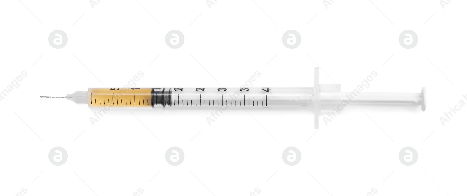 Photo of Syringe on white background, top view. Medical treatment