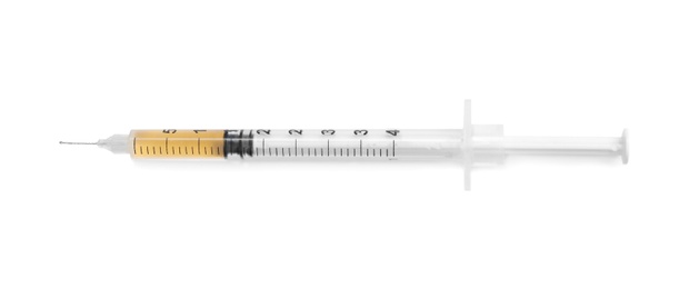 Photo of Syringe on white background, top view. Medical treatment