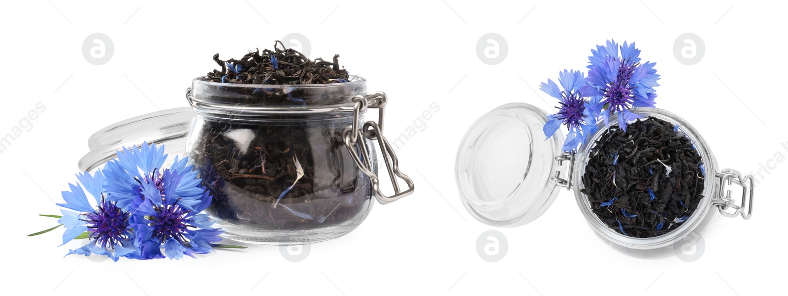 Image of Dried cornflower tea and fresh flowers on white background, collage. Banner design