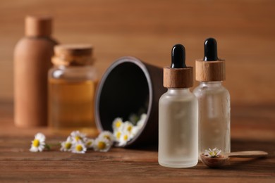 Photo of Chamomile essential oil and flowers on wooden table, space for text