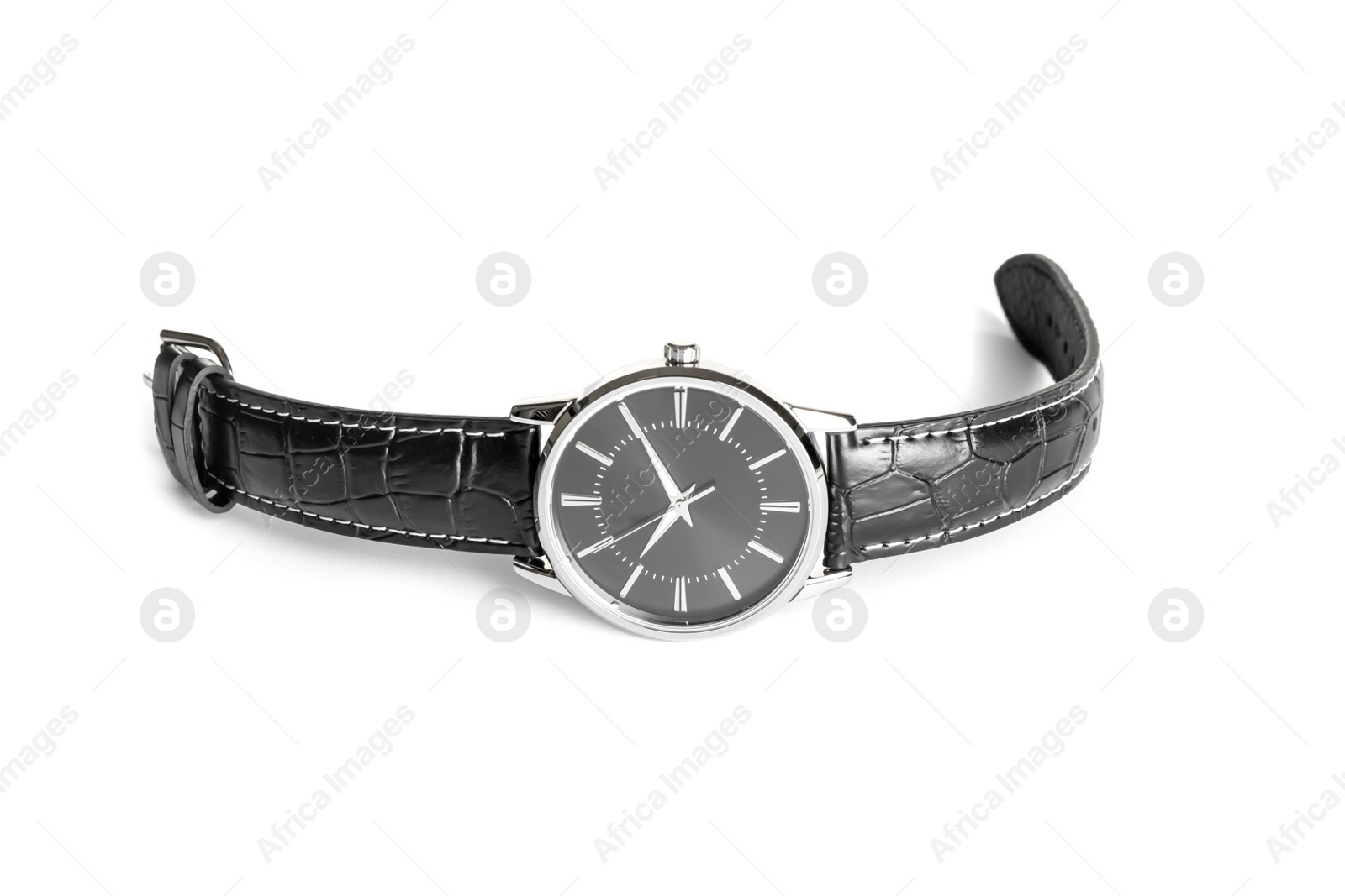 Photo of Black luxury watch with leather band isolated on white