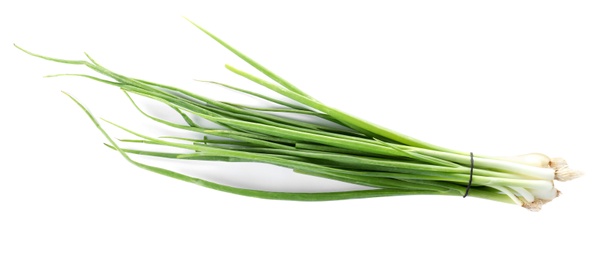 Photo of Bunch of fresh green onions on white background