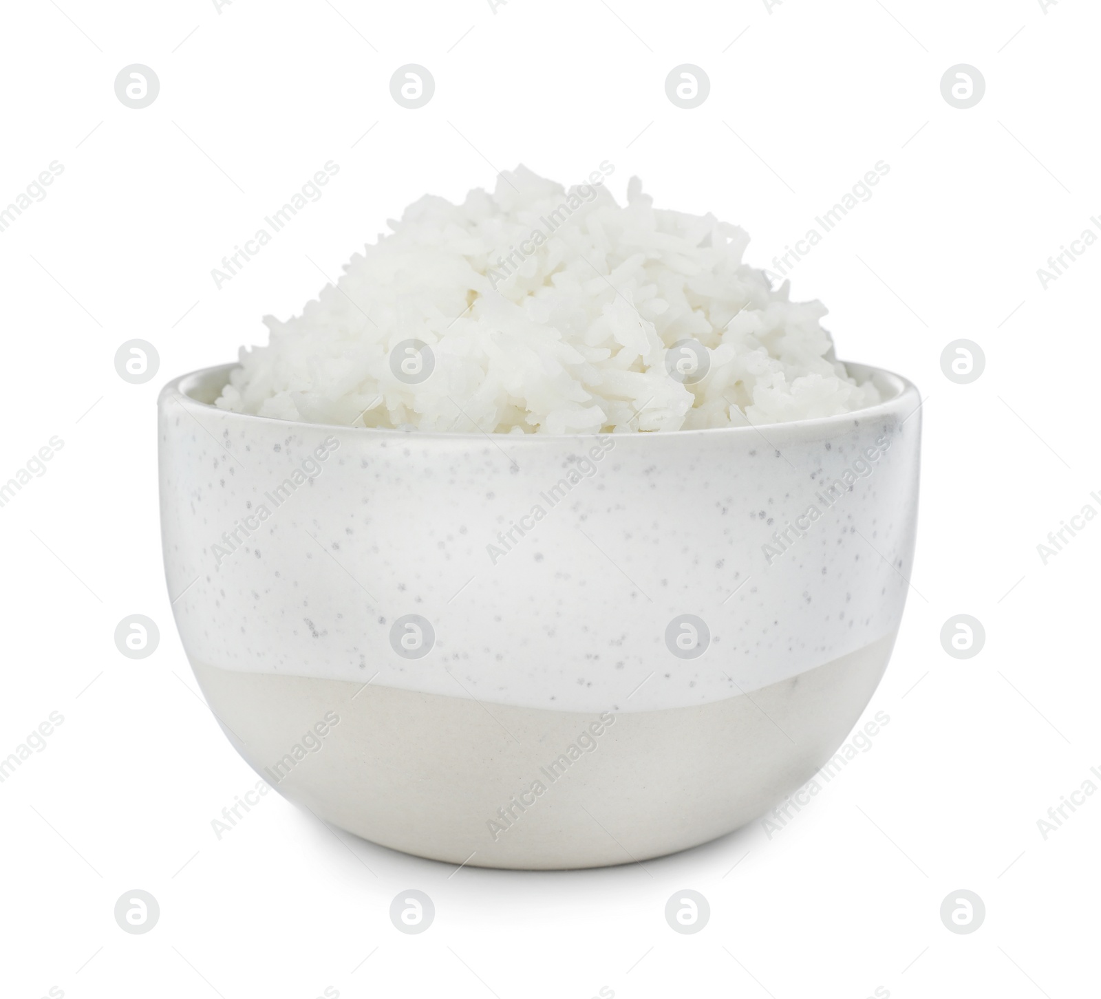 Photo of Bowl of boiled rice on white background