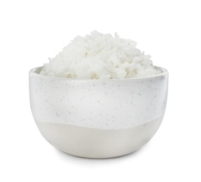 Photo of Bowl of boiled rice on white background