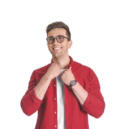 Handsome young man smiling on white background