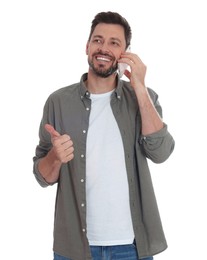 Photo of Man talking on phone against white background