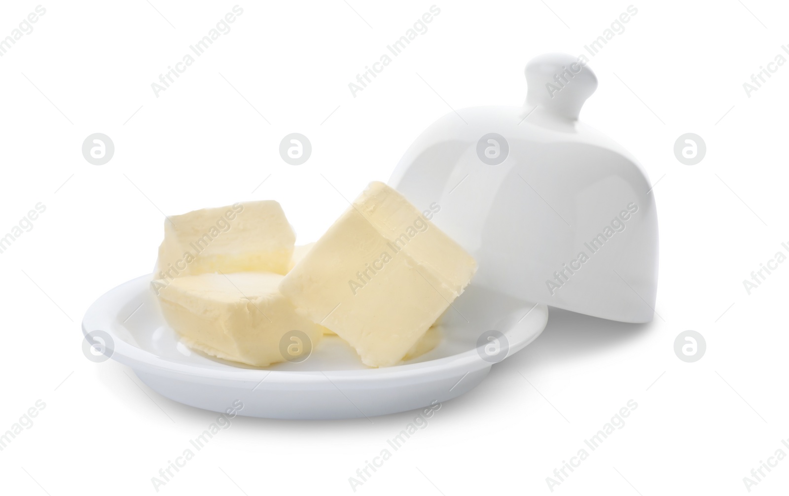 Photo of Dish with tasty fresh butter on white background