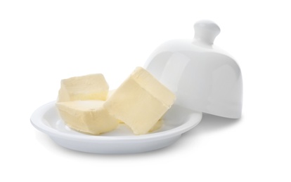 Photo of Dish with tasty fresh butter on white background