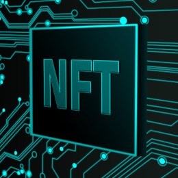 Image of Abbreviation NFT (non-fungible token) on chip and circuit board pattern illustration